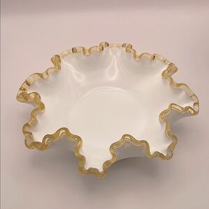 Vintage Fenton, Amber/Gold Crest, Milk Glass Dish, Ruffle/Crimp Edge, 8”